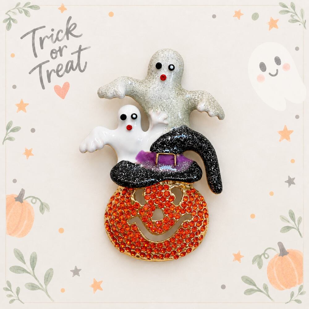 Halloween Ghost Pumpkin Brooch Rhinestone Witch Hat Gold Tone Spooky Pin CP222